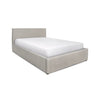 Three-quarter perspective view highlighting the soft textured upholstery and the sleek architectural silhouette of the bed frame