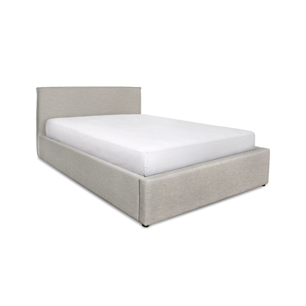 Three-quarter perspective view highlighting the soft textured upholstery and the sleek architectural silhouette of the bed frame