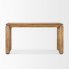 Front view of the Sapphira console table in a rich brown wood finish featuring a thick rectangular top and architectural block legs