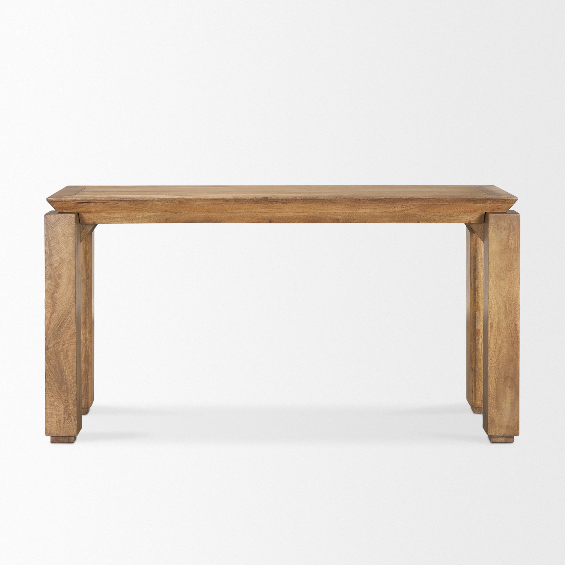 Front view of the Sapphira console table in a rich brown wood finish featuring a thick rectangular top and architectural block legs
