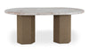 Front view of the Sartoria oval dining table featuring a premium Breccia marble top with dramatic veining and dual textured pedestal bases
