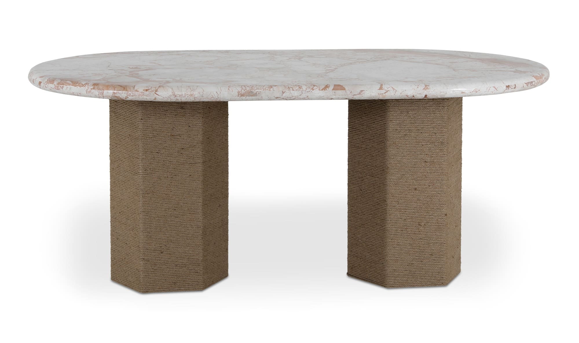 Front view of the Sartoria oval dining table featuring a premium Breccia marble top with dramatic veining and dual textured pedestal bases