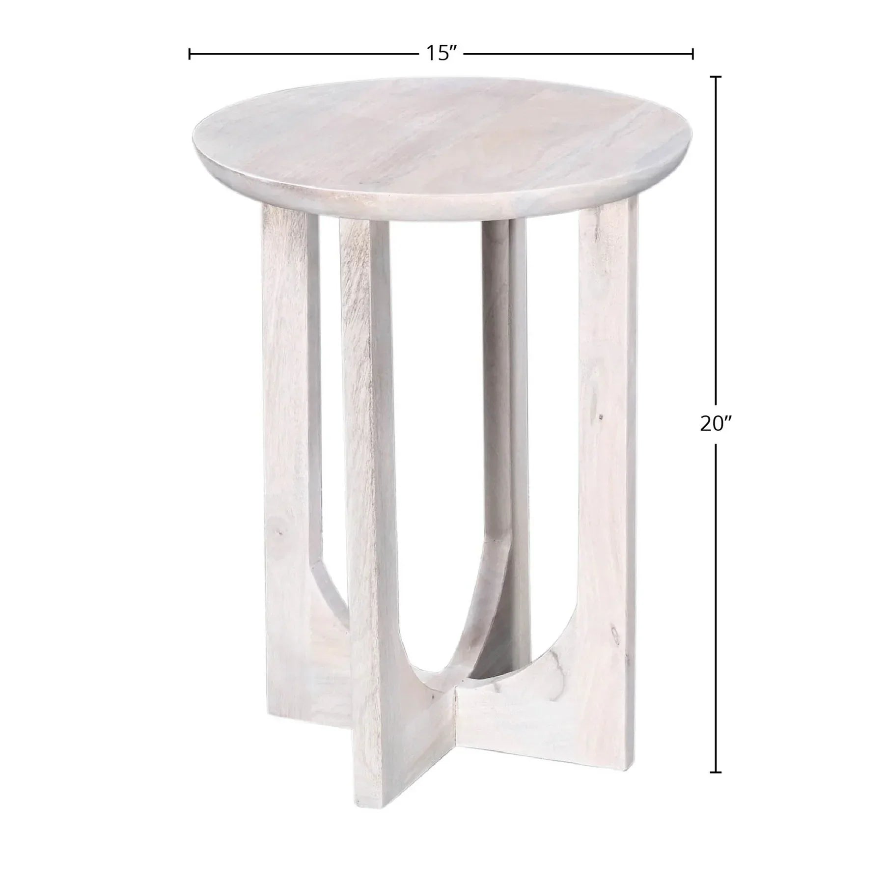 Three-quarter view of the Sasha side table featuring a circular top and an architectural pedestal base with elegant U-shaped cutouts in a light white wash finish