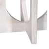 Detailed view of the U-shaped pedestal base showcasing the precision joinery and the textured white wash wood finish