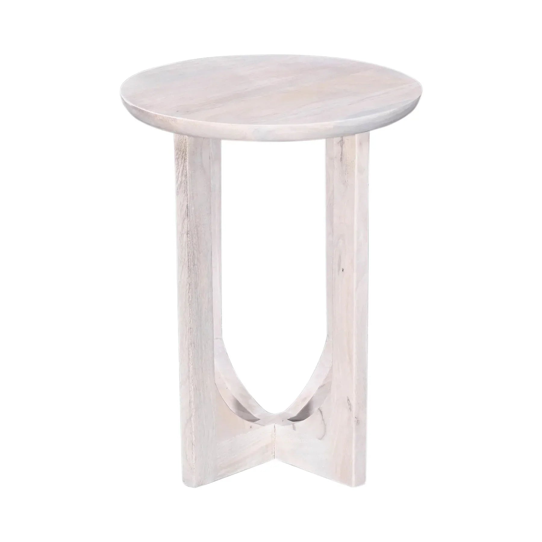 Three-quarter view of the Sasha side table featuring a circular top and an architectural pedestal base with elegant U-shaped cutouts in a light white wash finish
