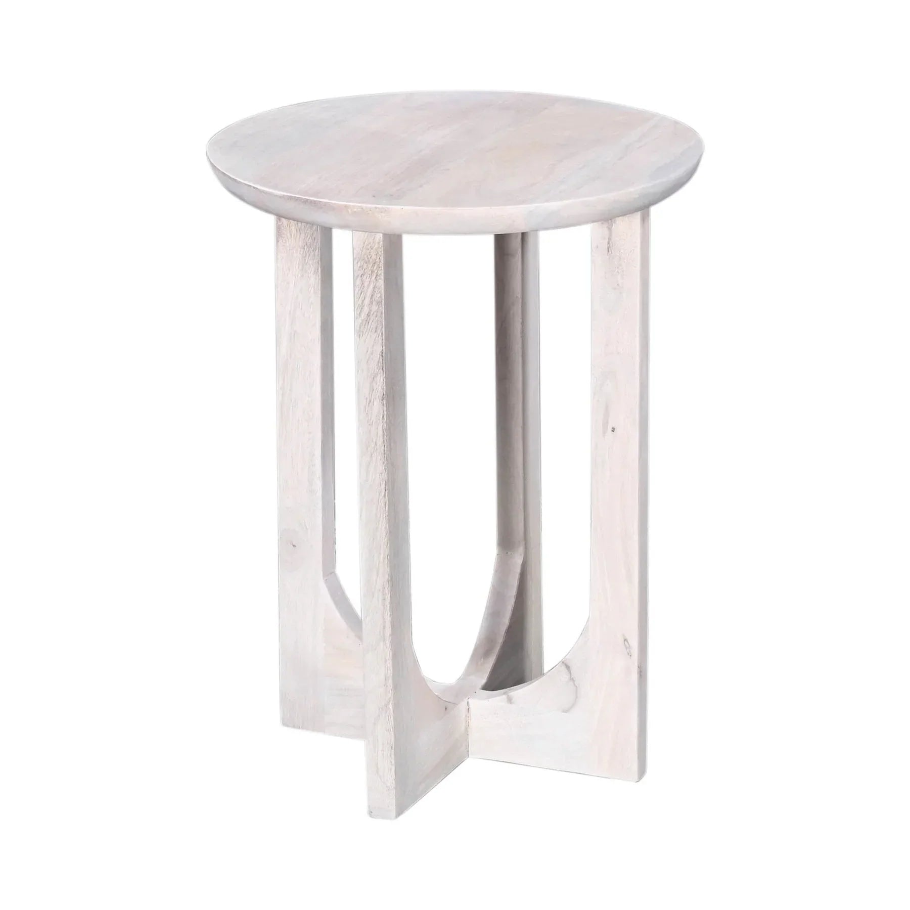 Three-quarter view of the Sasha side table featuring a circular top and an architectural pedestal base with elegant U-shaped cutouts in a light white wash finish