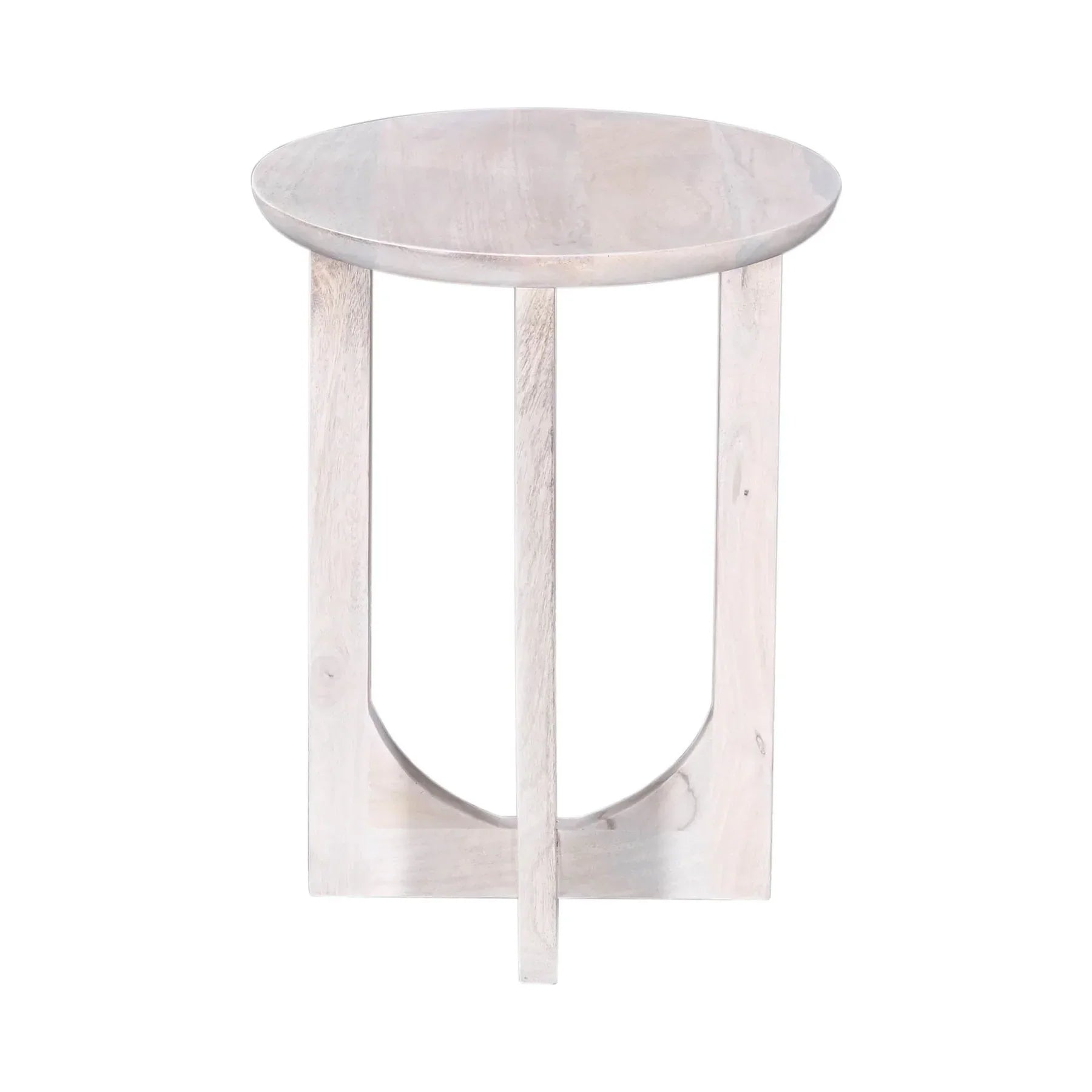 Three-quarter view of the Sasha side table featuring a circular top and an architectural pedestal base with elegant U-shaped cutouts in a light white wash finish