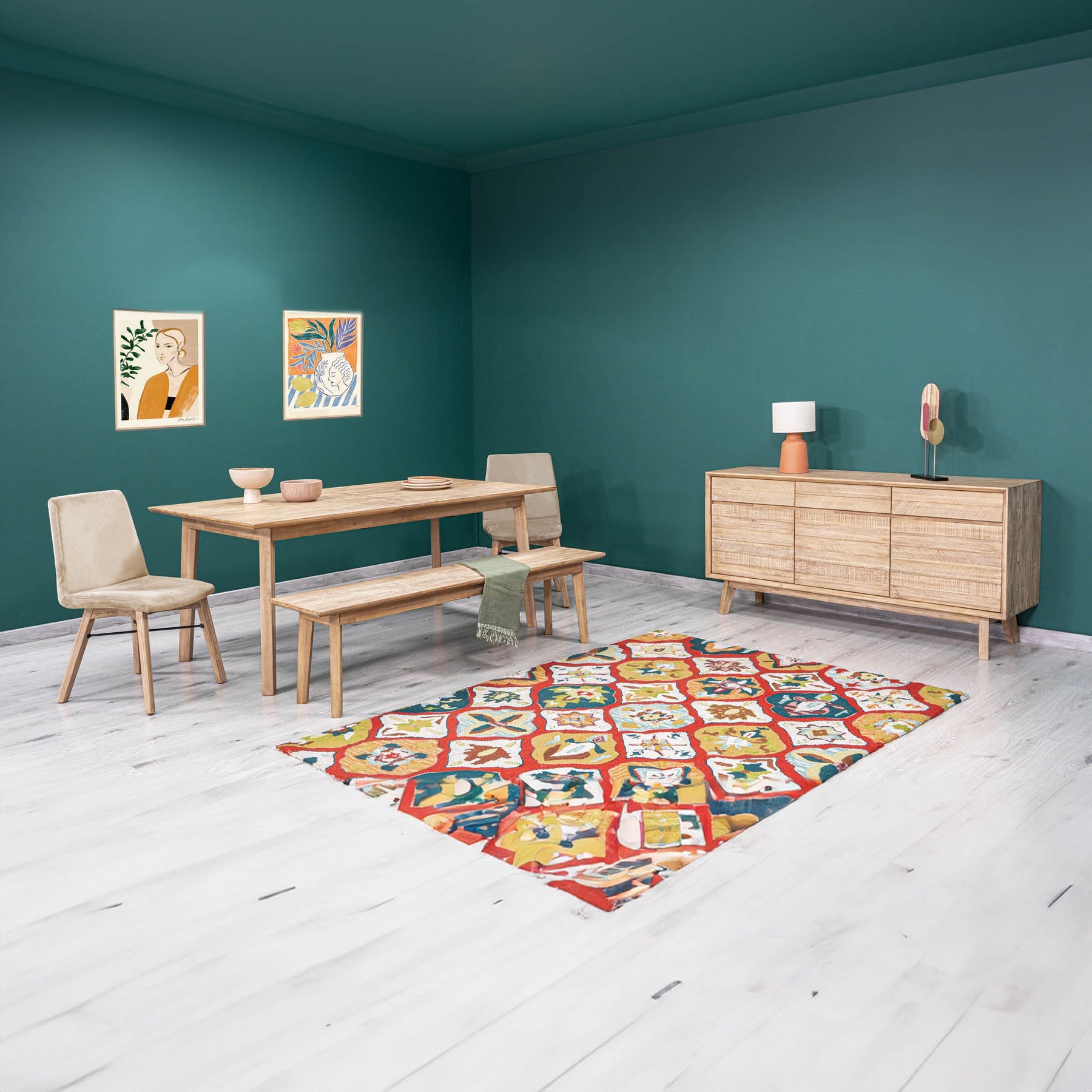 Front perspective view of the Gia sideboard featuring natural wood construction with horizontal textured paneling and three top drawers