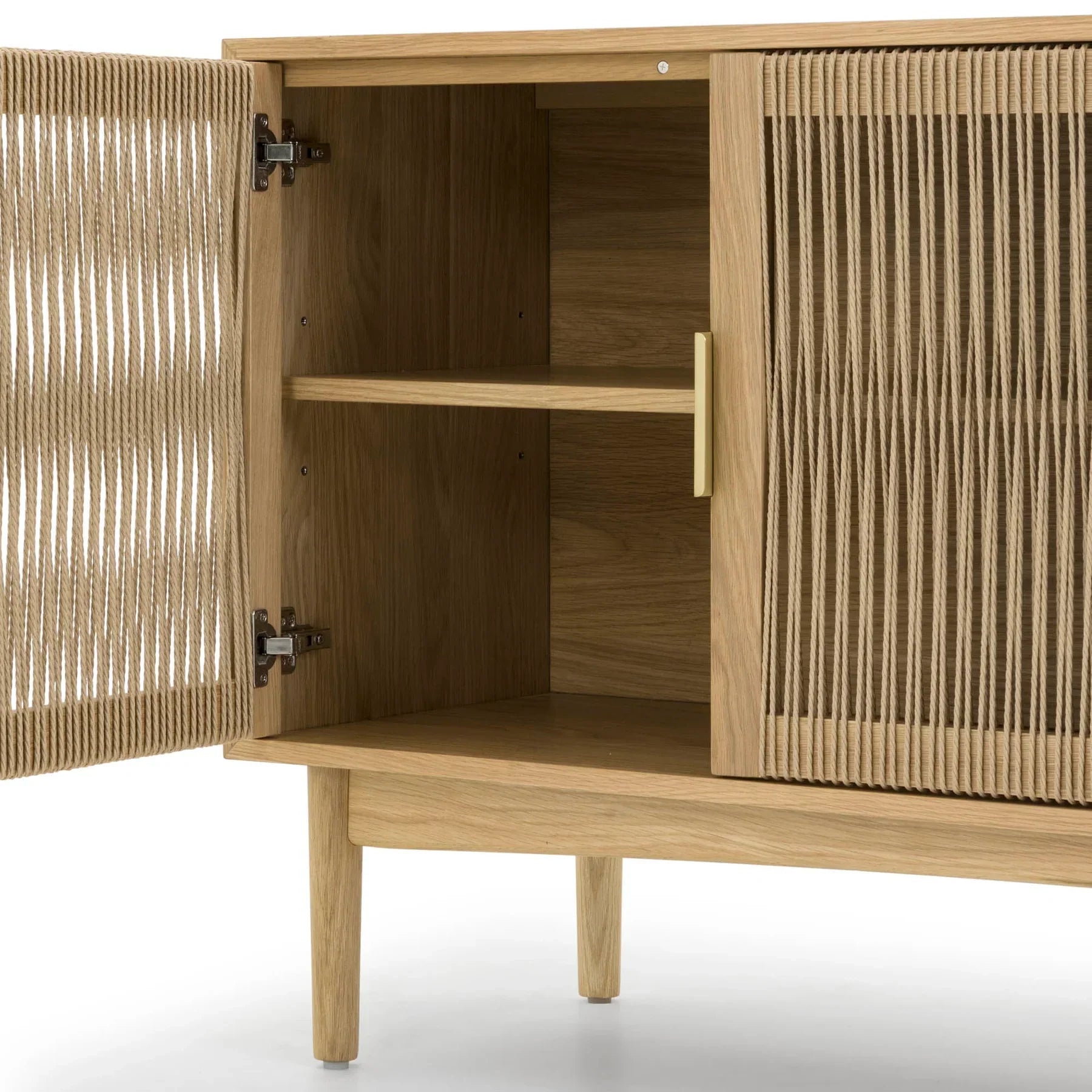Front perspective view of the Lumina 4-door sideboard featuring a light oak wood frame, fluted glass door panels, and elegant vertical gold metal handles