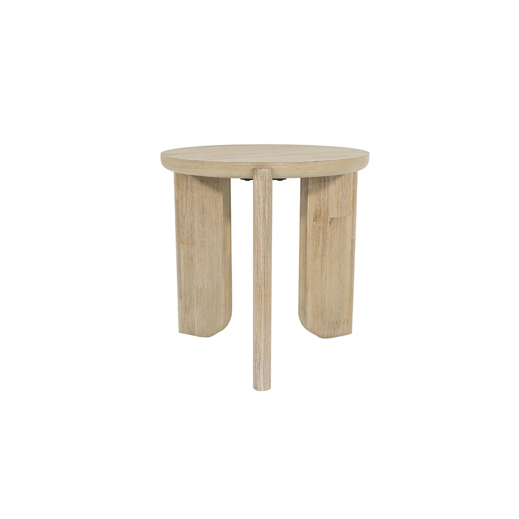 Three-quarter perspective view of the Haru side table featuring a circular top and three unique wide arched legs in a light natural oak finish