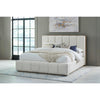 Lifestyle shot featuring the Bjorn bed in a bright bedroom setting with a gray rug and modern industrial windows