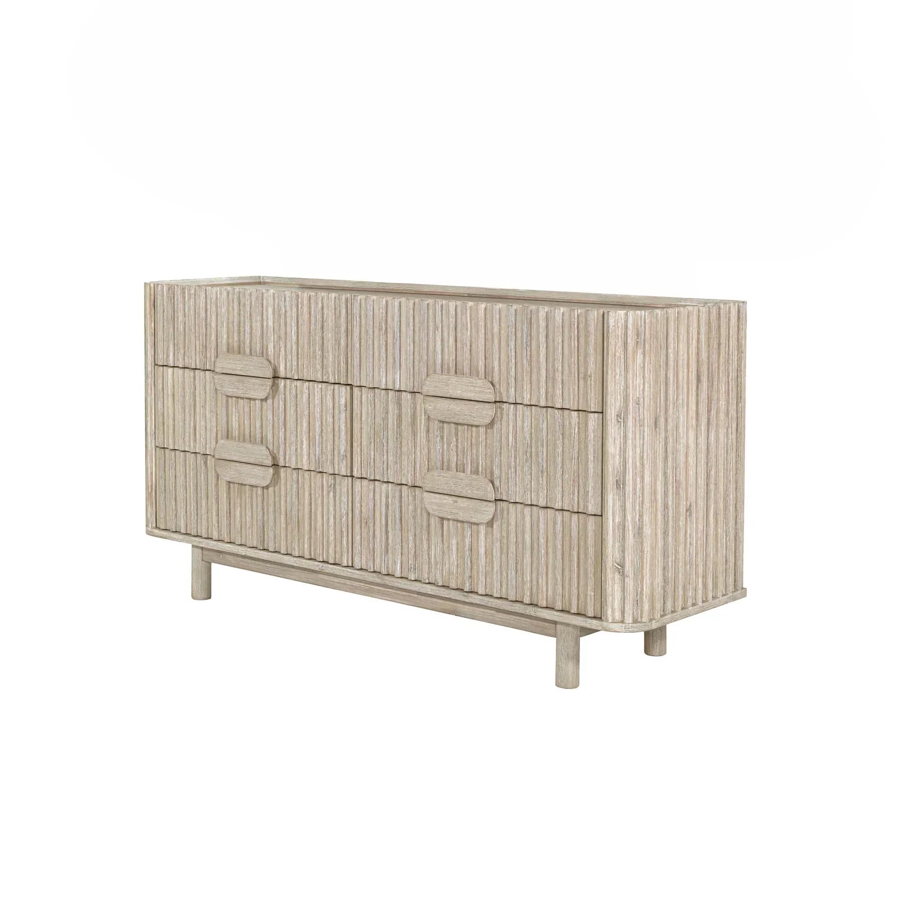 Front view of the Oasis 6-drawer dresser in a light bleached oak finish featuring vertical fluted wood detailing and integrated oval handles