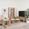 Lifestyle shot featuring the Beth media console styled with a television and minimalist decor in a bright Scandinavian-inspired living room