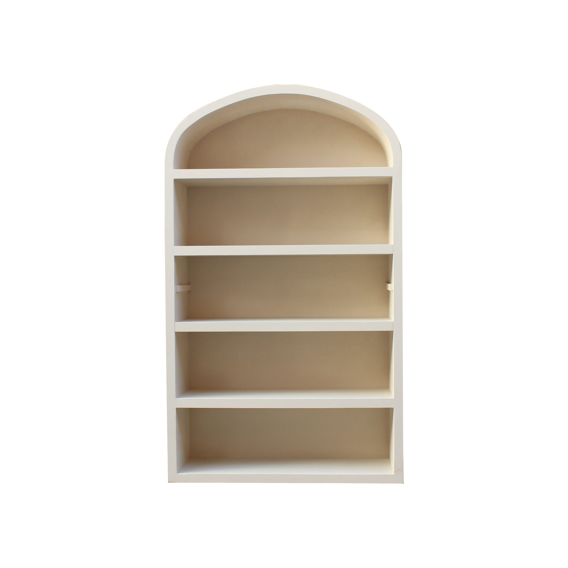 Straight-on front view of the Tuuli bookshelf featuring a clean arched top silhouette and five spacious fixed shelves in a matte white finish
