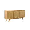 Three-quarter perspective view highlighting the clean lines and the modern tapered wood leg base of the natural oak sideboard