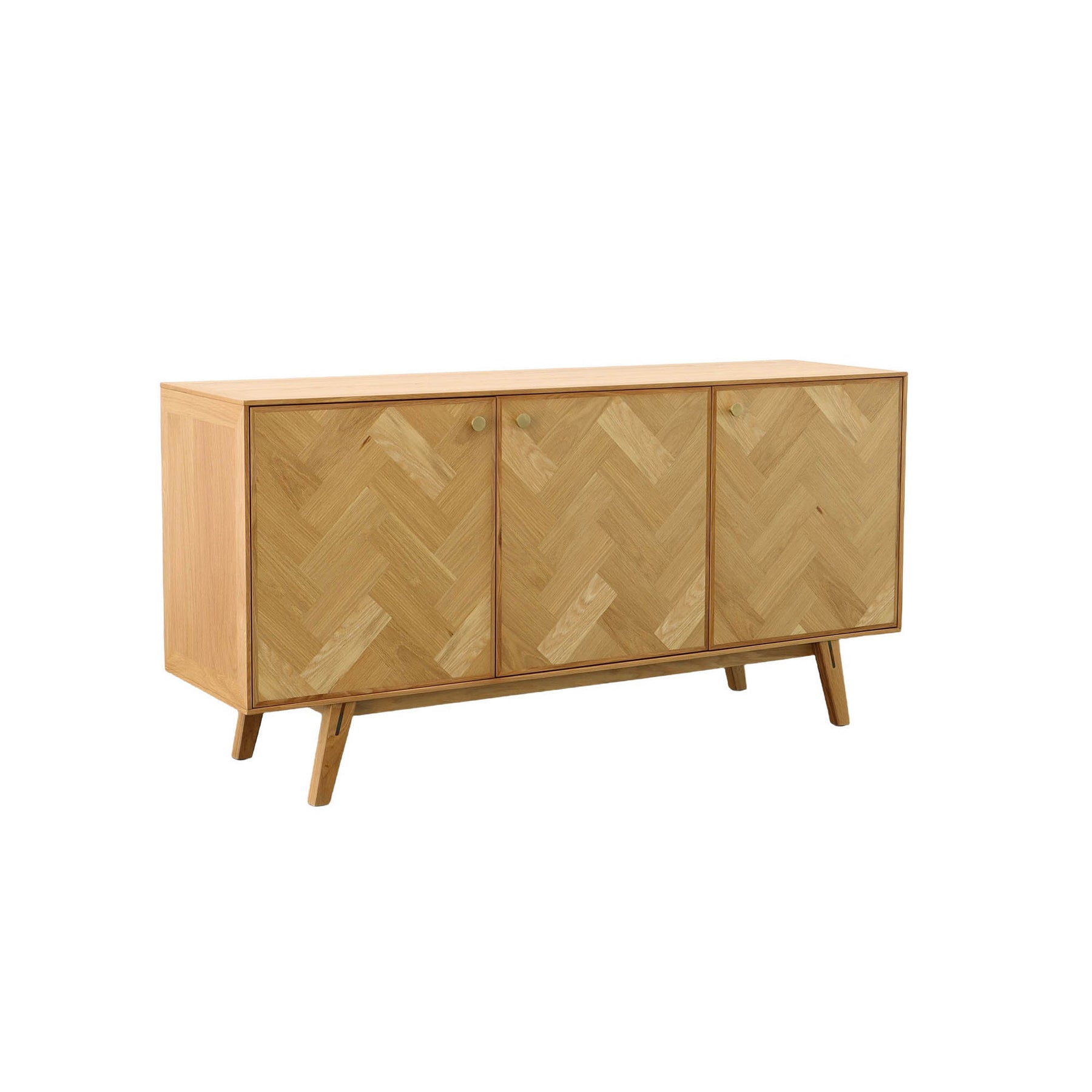 Straight-on front view of the Colton sideboard featuring a light natural oak finish and intricate herringbone parquet patterns across three cabinet doors