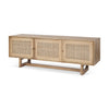 Perspective view highlighting the clean lines and light-toned natural wood grain of the three-door media sideboard