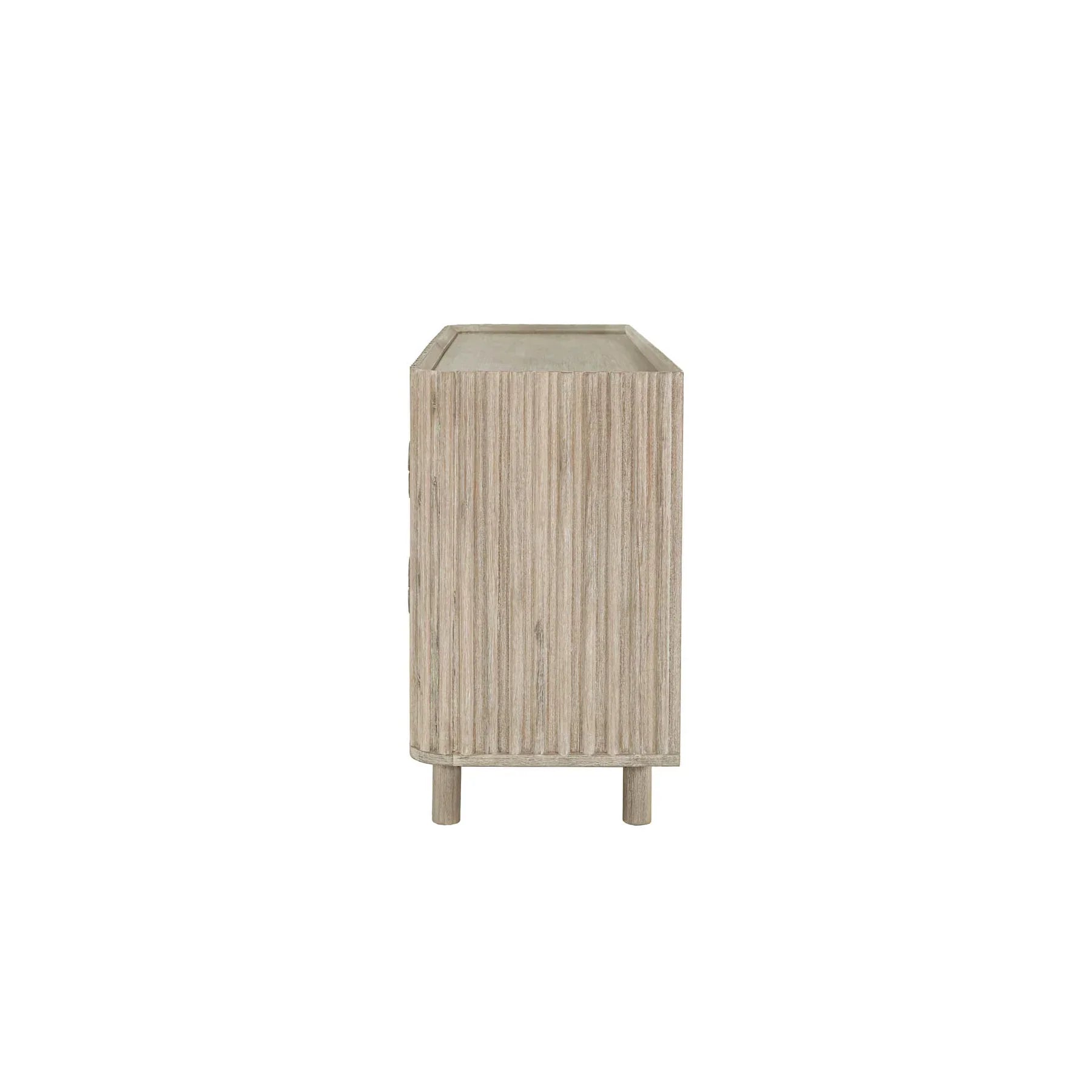 Front view of the Oasis 6-drawer dresser in a light bleached oak finish featuring vertical fluted wood detailing and integrated oval handles