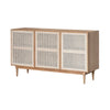High-angle perspective view showcasing the organic texture of the cane inserts against the smooth natural oak frame