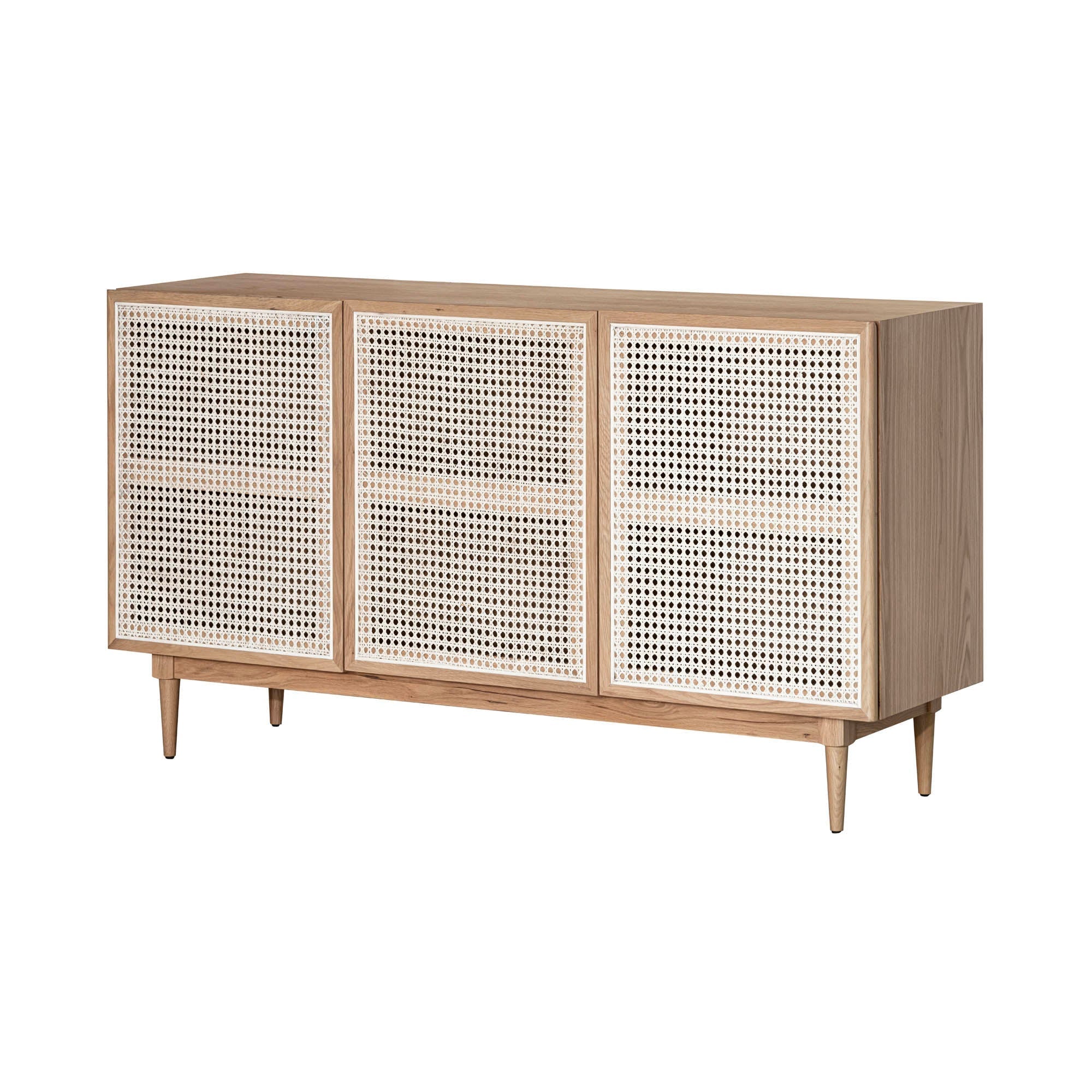 Straight-on front view of the Cane sideboard featuring a light natural oak frame and three woven rattan door panels