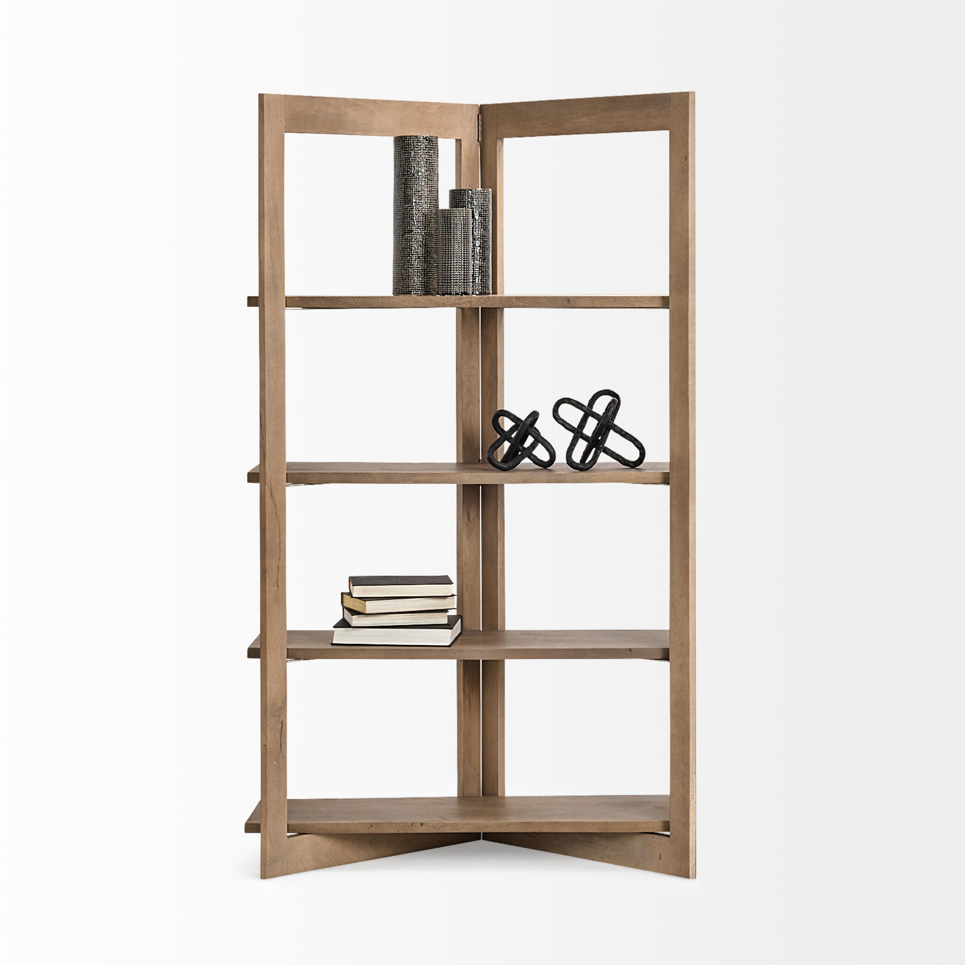Straight-on front view of the Turnbull I shelving unit in light brown wood featuring a unique V-shaped open frame and four fixed shelves