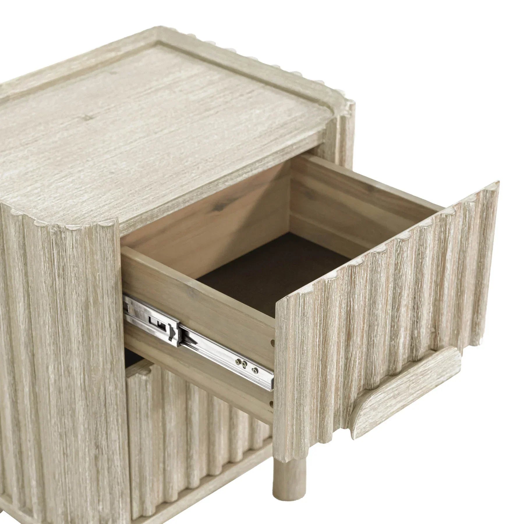 Front view of the Oasis nightstand featuring a light white oak finish, vertical ribbed texture, and unique pill-shaped integrated handles