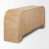 High-angle perspective view showcasing the smooth wood grain on the top surface and the architectural silhouette of the curved frame