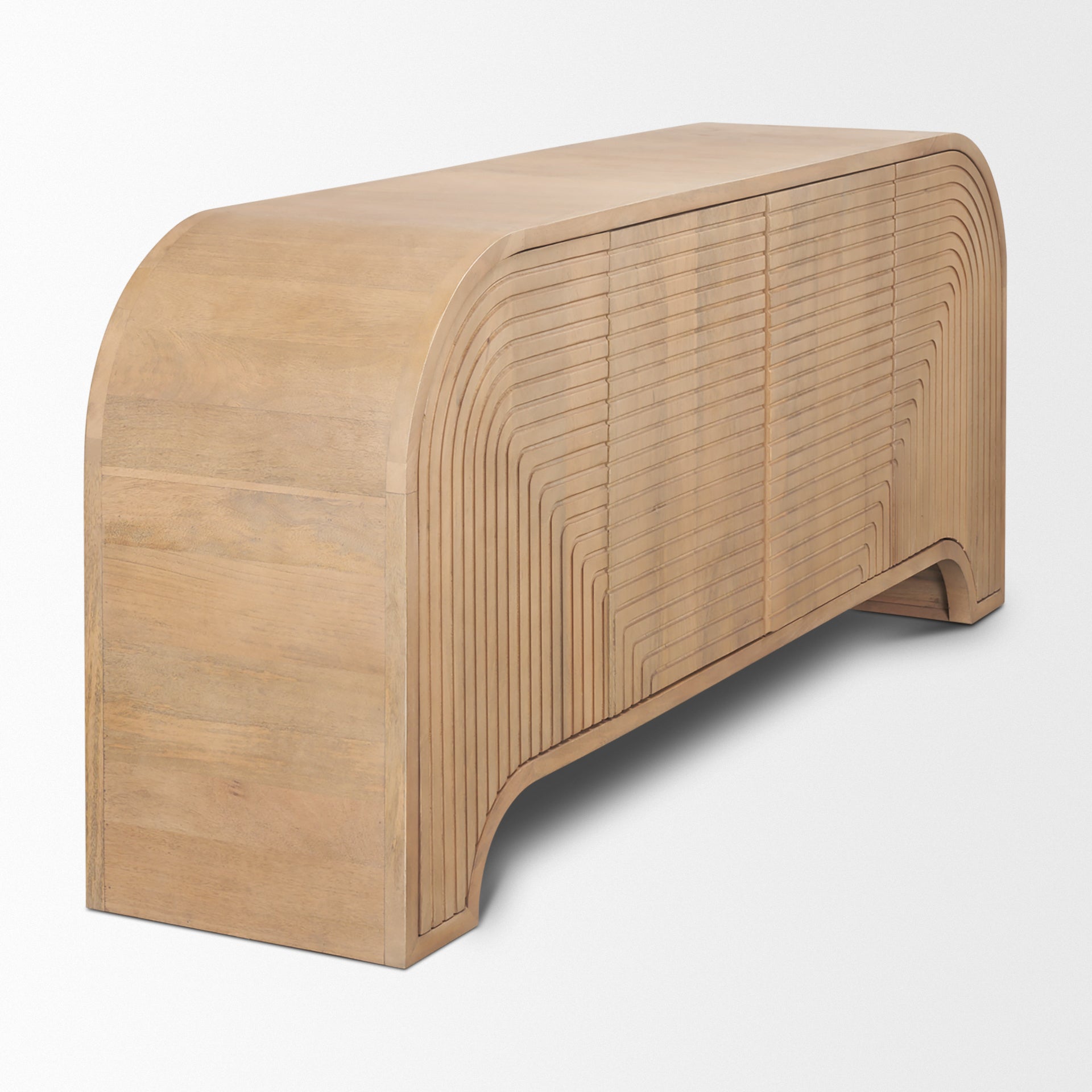 Front view of the Sorina sideboard featuring light brown wood construction with intricate reverse fluted door panels and an elegant arched base