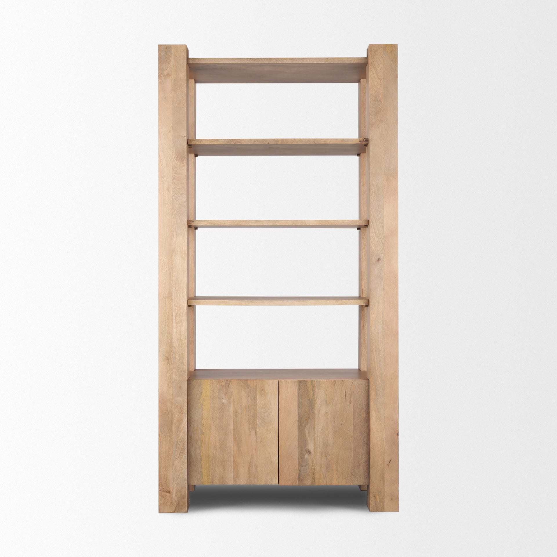 Straight-on front view highlighting the architectural vertical pillars and symmetrical open shelving
