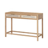 Three-quarter perspective view highlighting the clean lines and light wood frame of the Scandinavian-inspired rattan console table