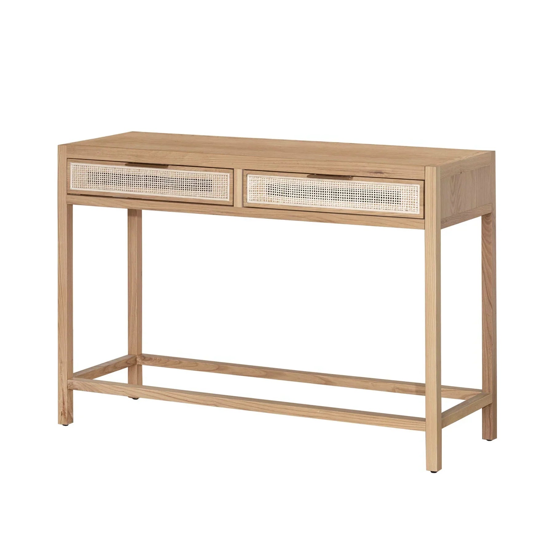 Straight-on front view of a minimalist natural oak console table featuring two drawers with light-colored woven rattan cane inserts