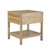 Perspective shot emphasizing the open lower shelf and the textural contrast between the oak frame and cane inserts