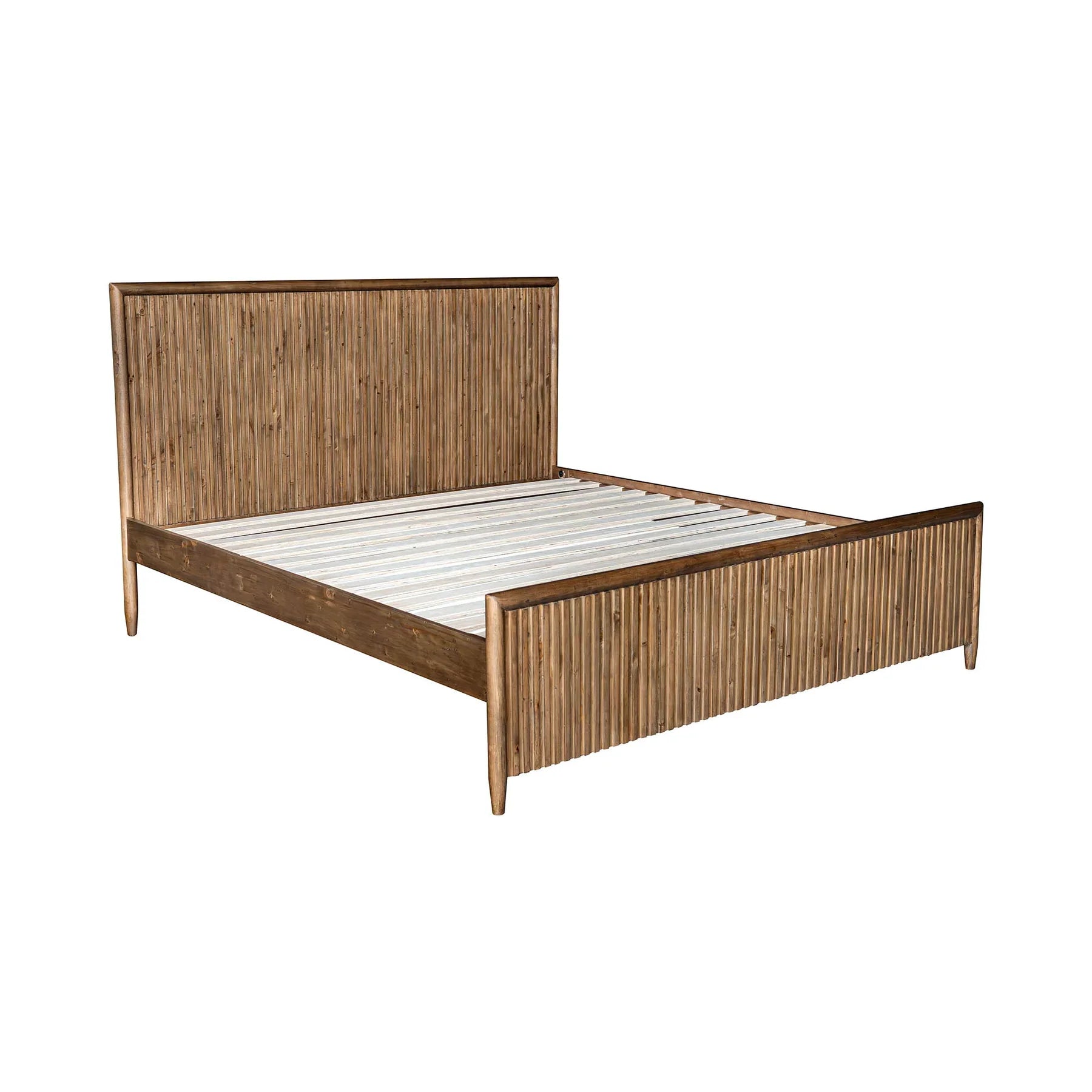 Front view of the Ava king platform bed featuring a tall upholstered headboard in a textured white bouclé fabric