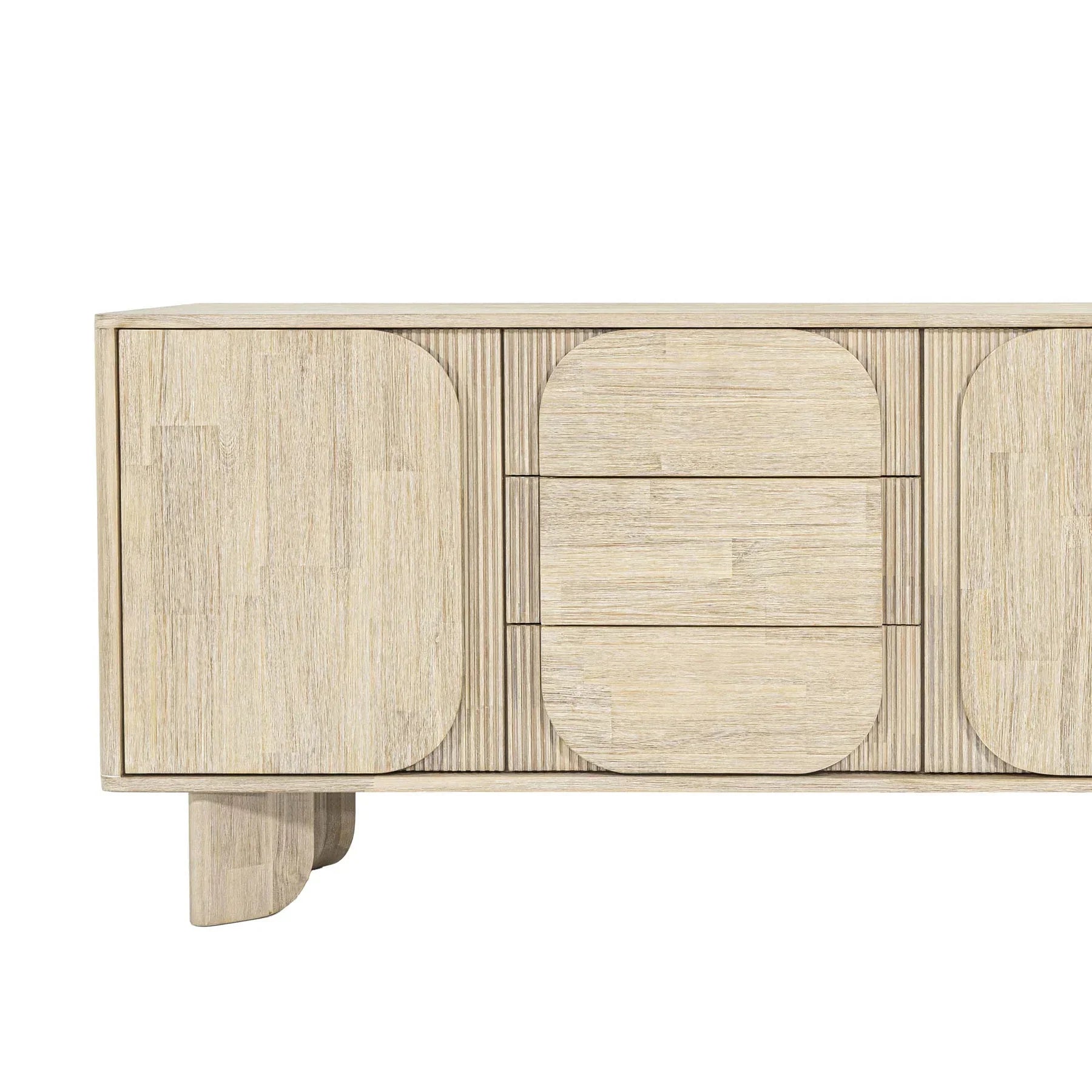 Front perspective view of the Haru sideboard in a light oak finish featuring unique rounded door and drawer panels with a minimalist plinth base