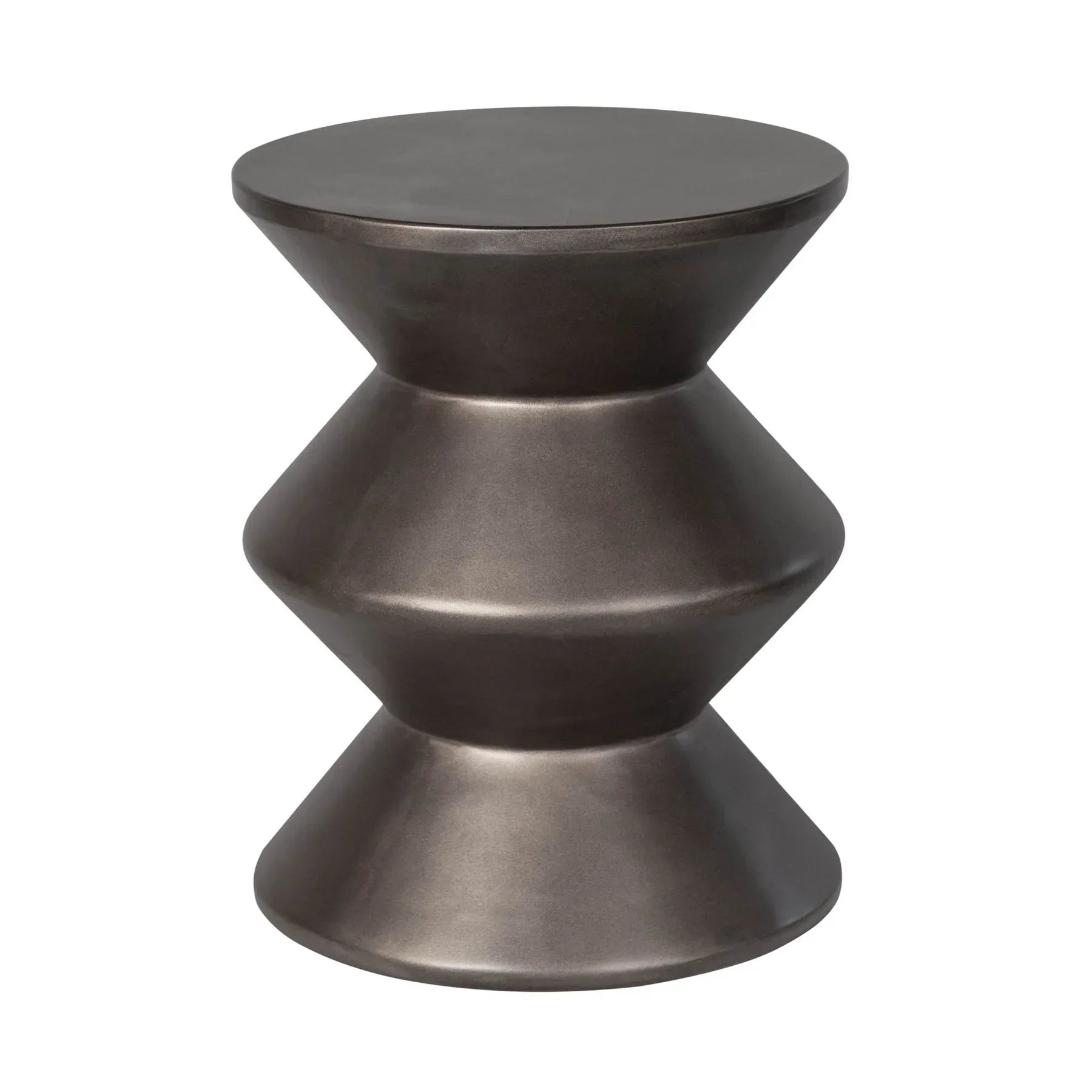 Three-quarter view of the concrete inverted side table featuring a matte black finish and a bold three-tier geometric zig-zag silhouette