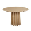 Front view of the Sculpture round dining table featuring a natural oak finish and a striking fluted pedestal base