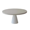 Front view of the Sculpture coffee table featuring a large circular top and a tapered conical pedestal base in a smooth white concrete finish