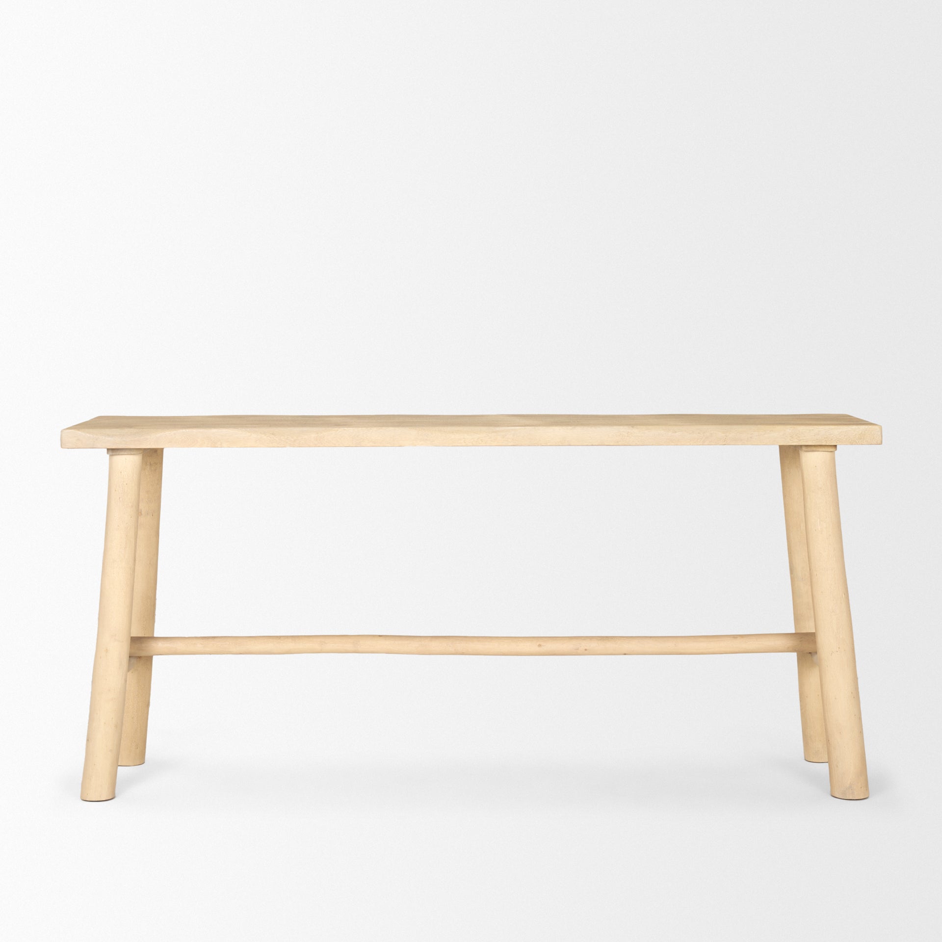Front view of the Sekou console table in light brown natural wood featuring a minimalist craftsman design and organic tapered legs