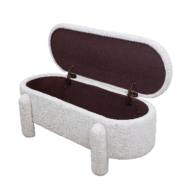 Front view of the Selva storage bench in cream textured fabric featuring an oval capsule shape and four upholstered peg legs