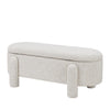 Three-quarter perspective highlighting the seamless wrap-around upholstery and the unique rounded leg design of the storage bench