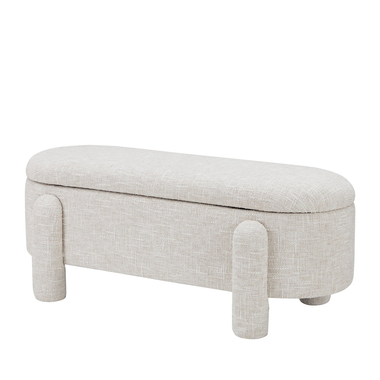 Front view of the Selva storage bench in cream textured fabric featuring an oval capsule shape and four upholstered peg legs