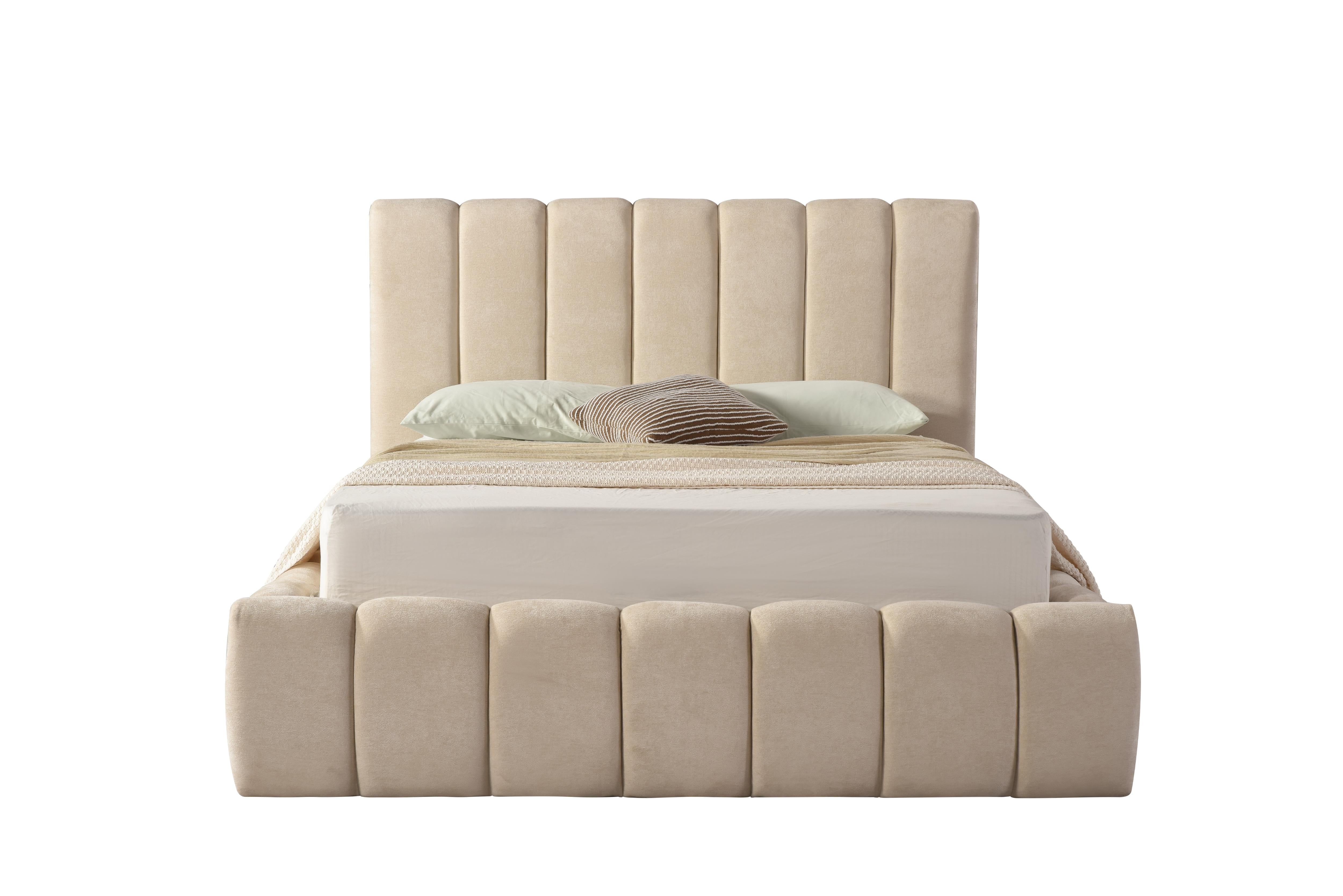 Front view of the Seng upholstered storage bed featuring a cream vertical channel tufted headboard and matching fabric base