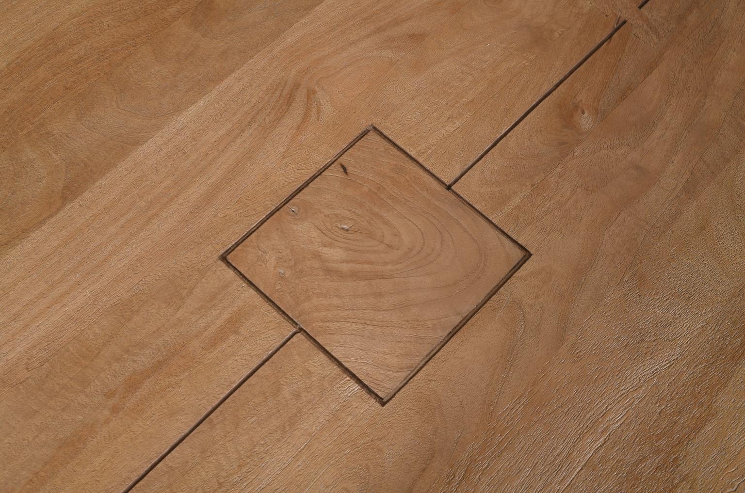 Close-up top view showcasing the organic wood grain and decorative diamond-shaped wood inlay