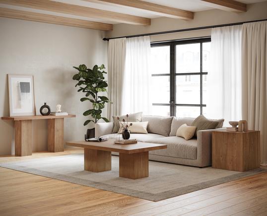 Lifestyle shot featuring the Sequoia rectangular coffee table in a bright modern living room with a neutral sofa