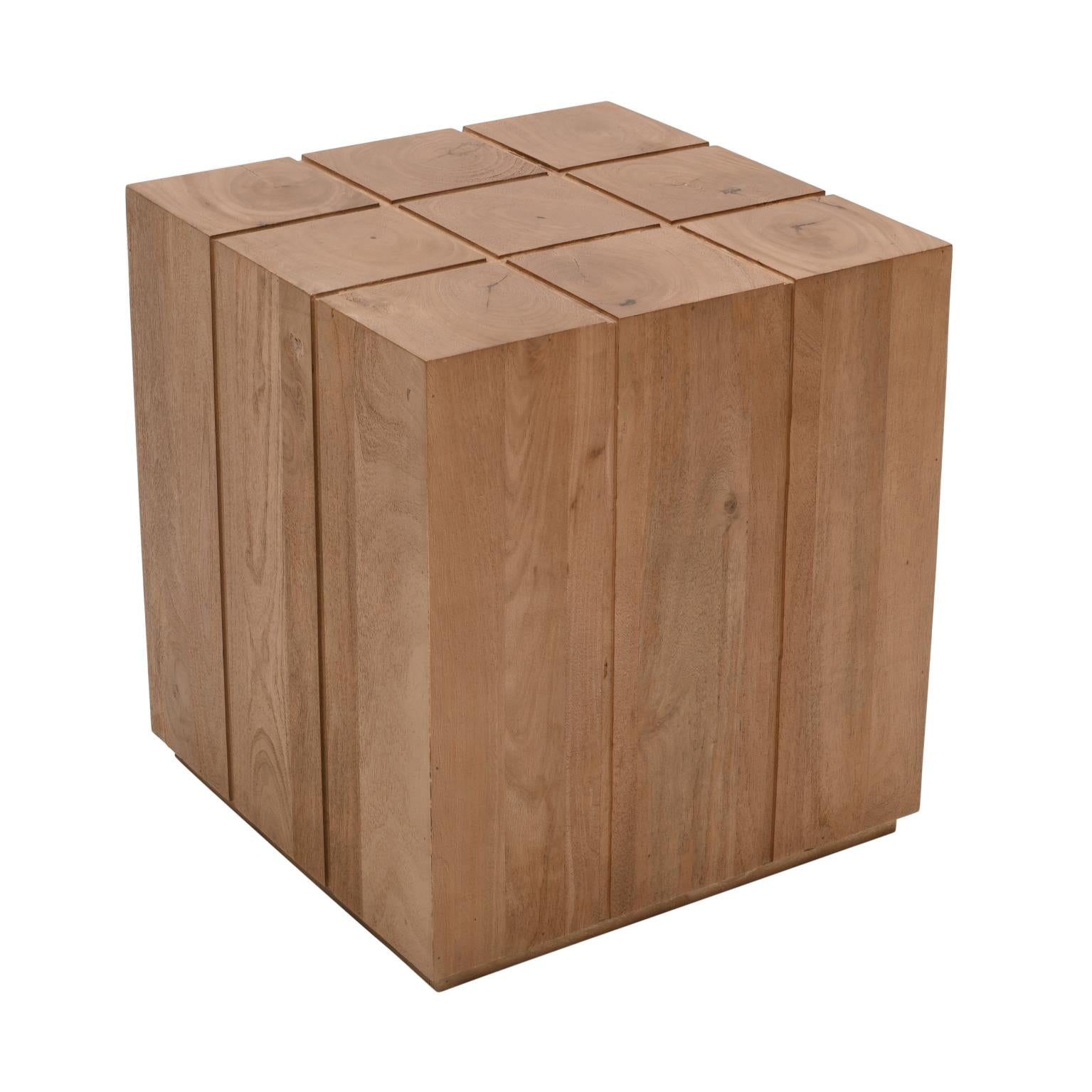 Perspective shot showcasing the architectural block silhouette and the organic wood grain of the Sequoia end table