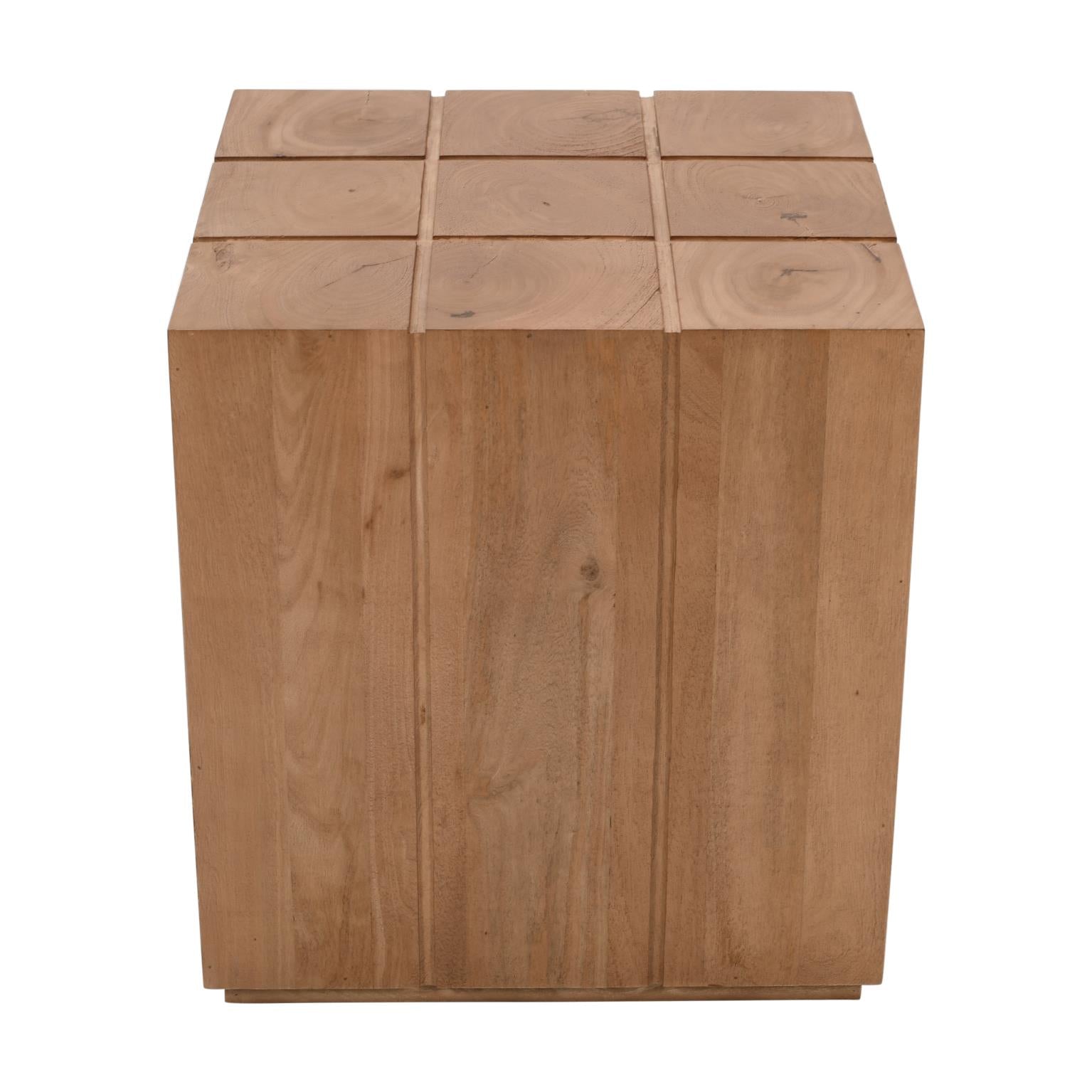 Front view of the Sequoia square end table featuring a solid wood cube design with vertical grain detailing and a natural finish