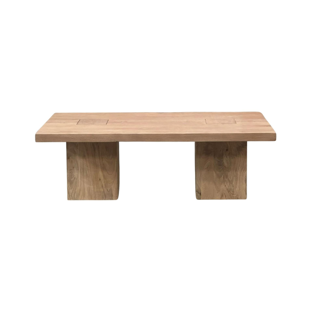 Front view of the Sequoia coffee table featuring a thick natural wood top and matching heavy block pedestal legs