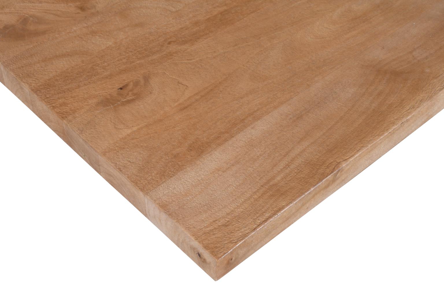 Angled close-up focusing on the substantial thickness and clean rectangular edge of the solid wood tabletop