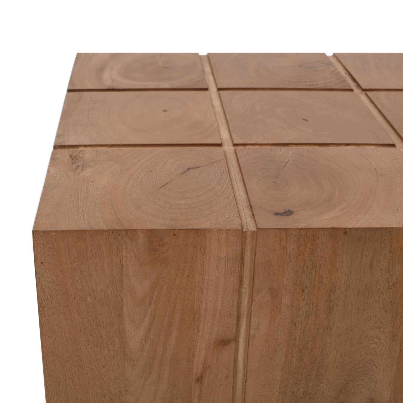 Close-up high-angle view showcasing the unique nine-square grid pattern on the top surface of the wood block table