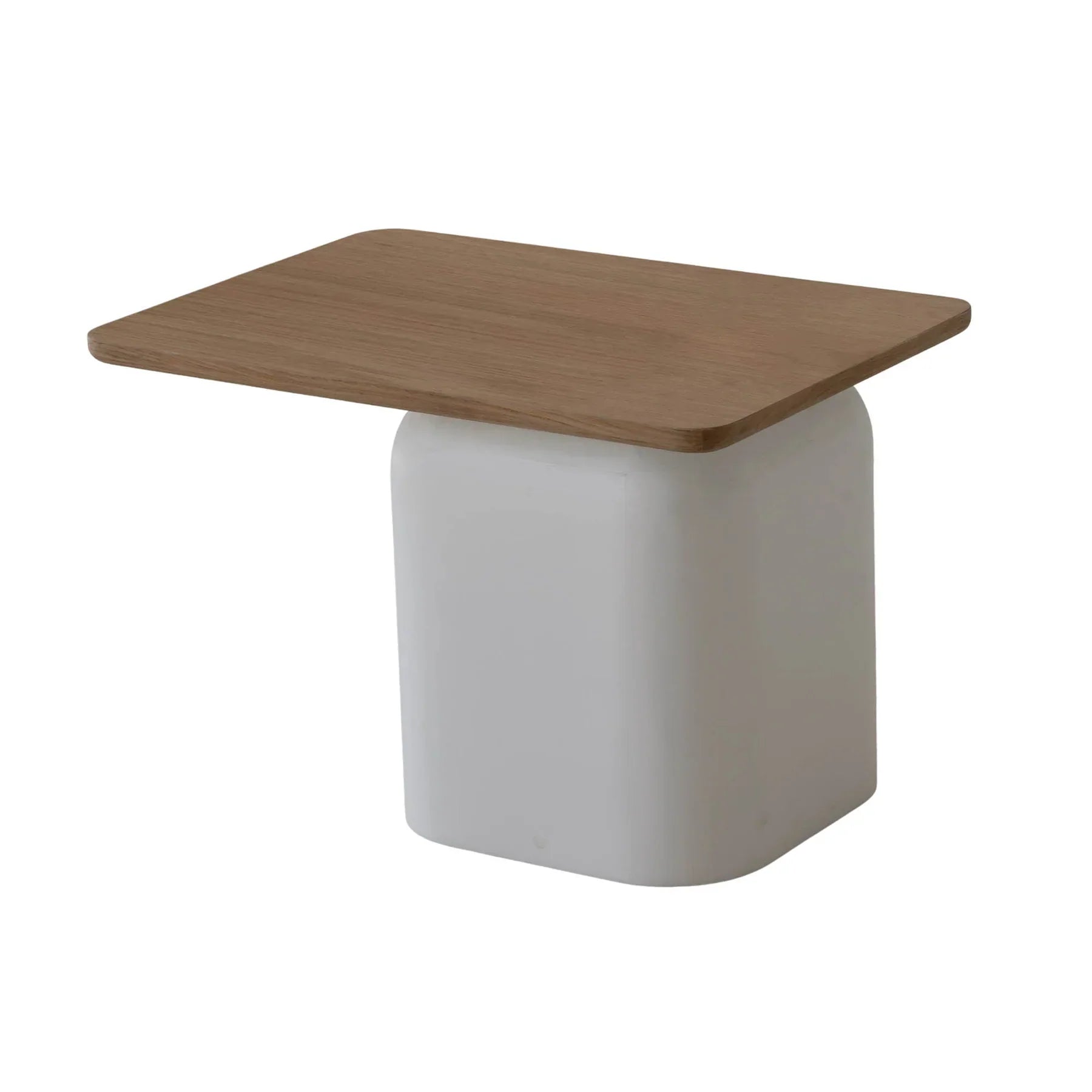 Sereno side table with natural wood rectangular top and white rounded pedestal base
